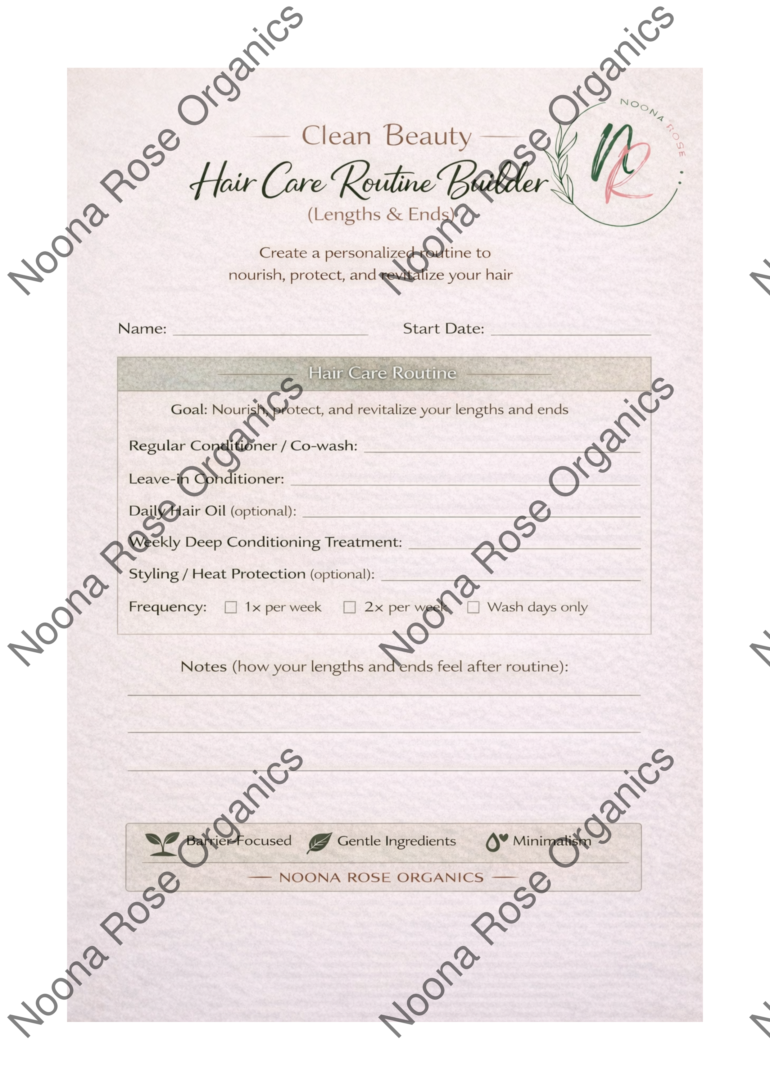 Hair care routine builder sheet from Noona Rose Organics on a white background