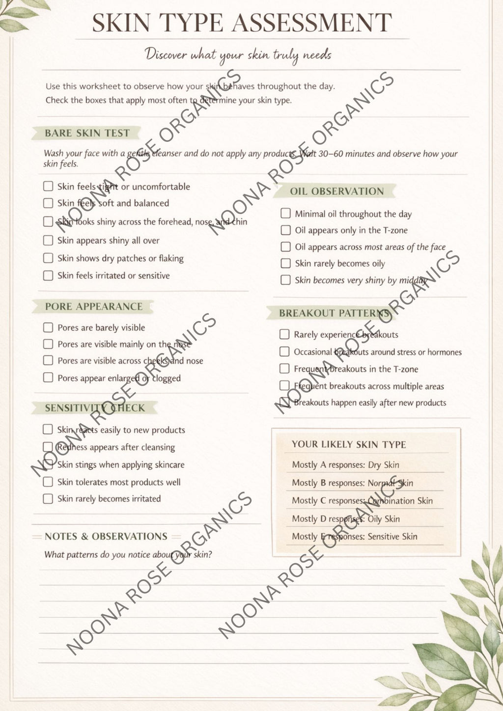 Skin Type Assessment Worksheet