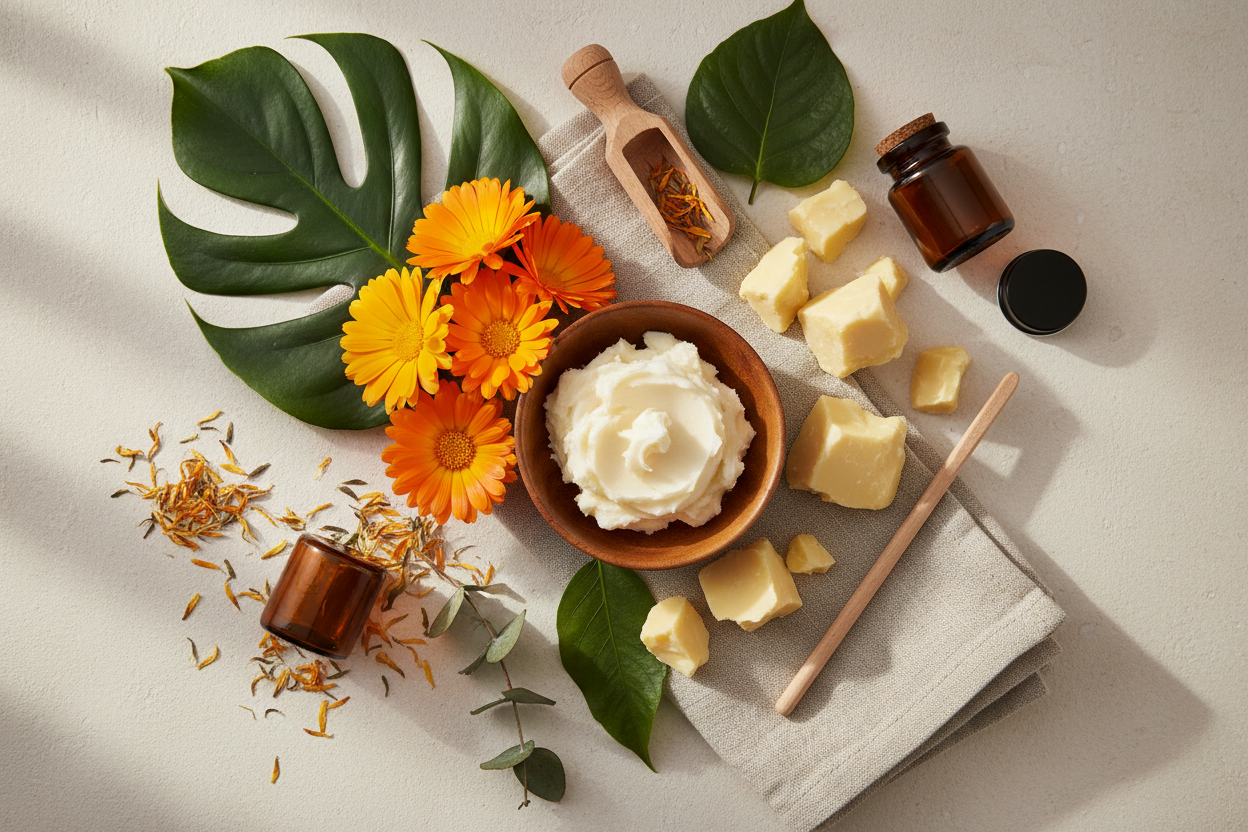 include shea butter, calendula, and cocoa butter